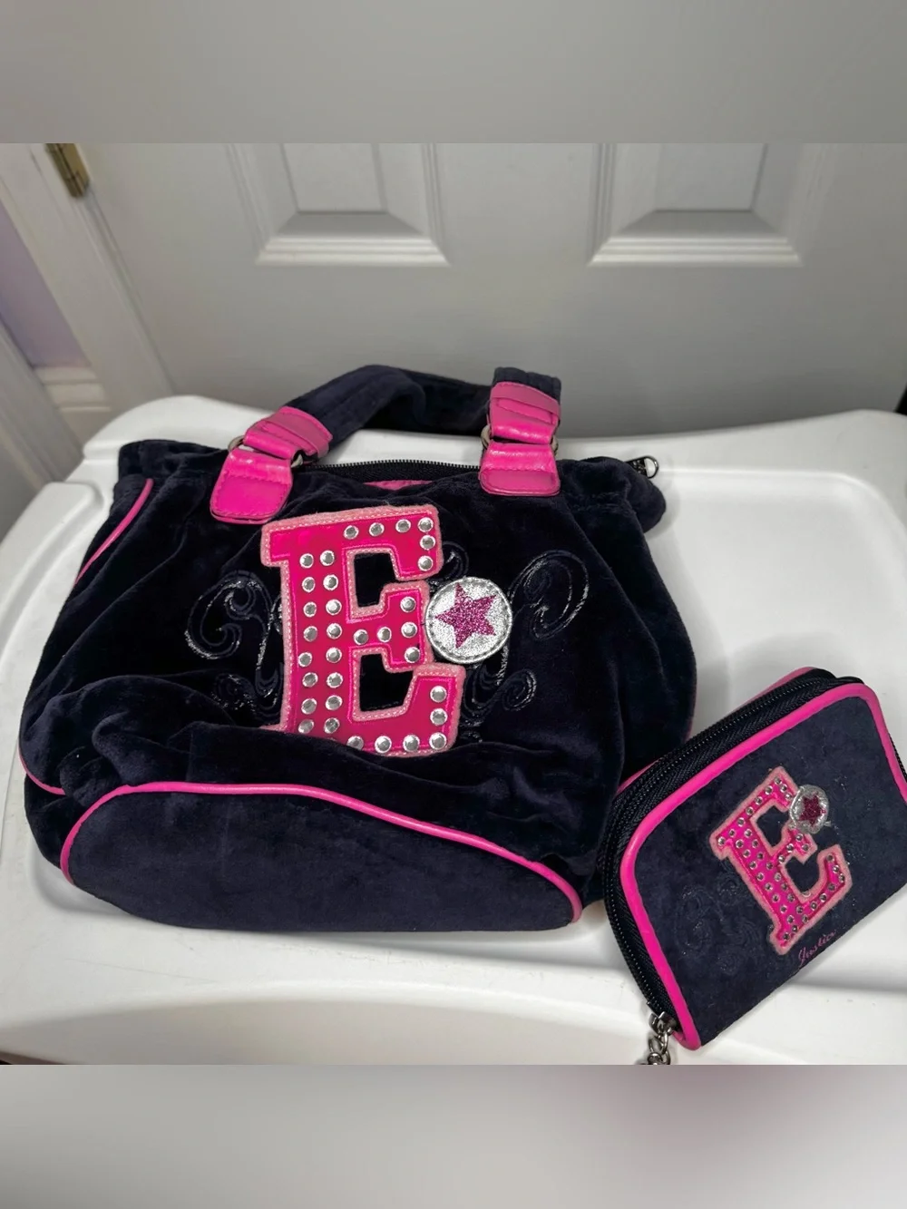 “E” Vintage Justice Navy Blue Velvet bag WITH wallet included